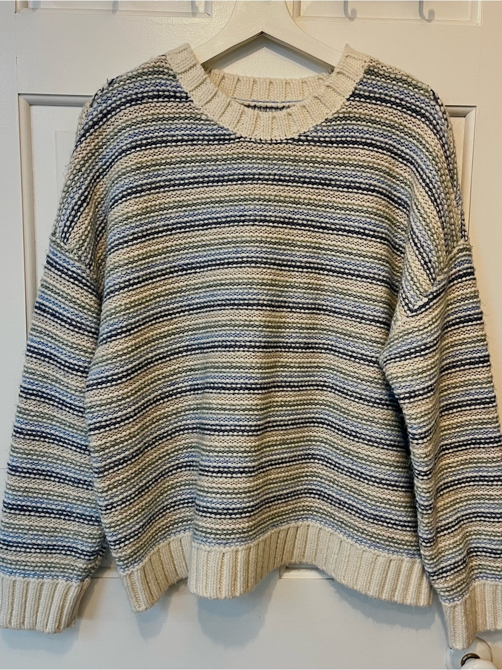 LOFT Striped Crewneck Sweater in Cream and Blue